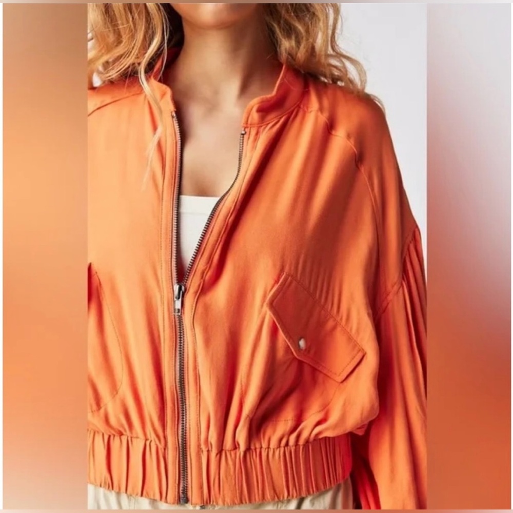 Free People‎ On Pointe Bomber Jacket  Puff Balloon Sleeve Sz Small $168 Orange